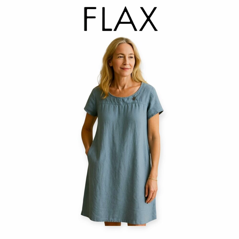 Flax 100 Linen Dress Blue A Line Short Sleeve Knee Length Relaxed Fit S EUC